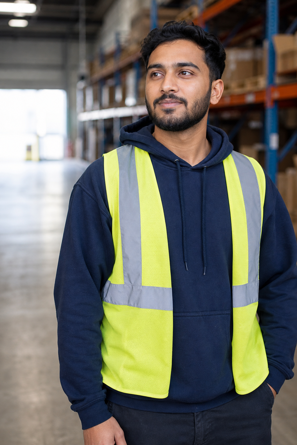 A warehouse worker ready for his next assignment